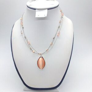 Vintage Triple Wire Strand Beaded Necklace Peach Glass Moonstone Pendant